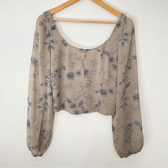 Floral Beige Blouse with Blue Accents - Picture 1 of 5